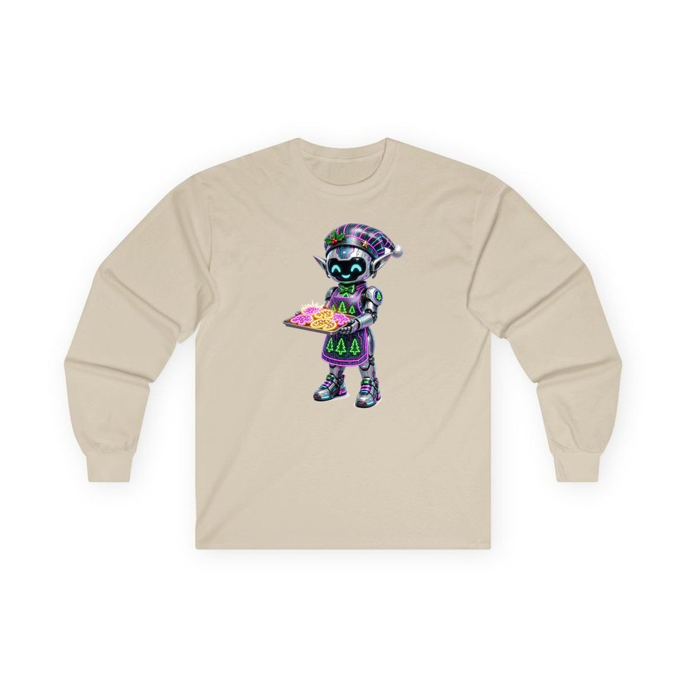 Robot Elf Baking personalised long sleeve Christmas T-shirt in sand