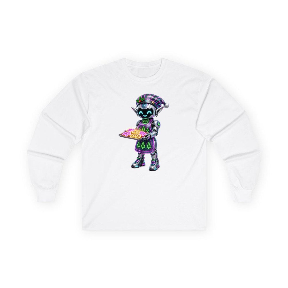 Robot Elf Baking personalised long sleeve Christmas T-shirt in white