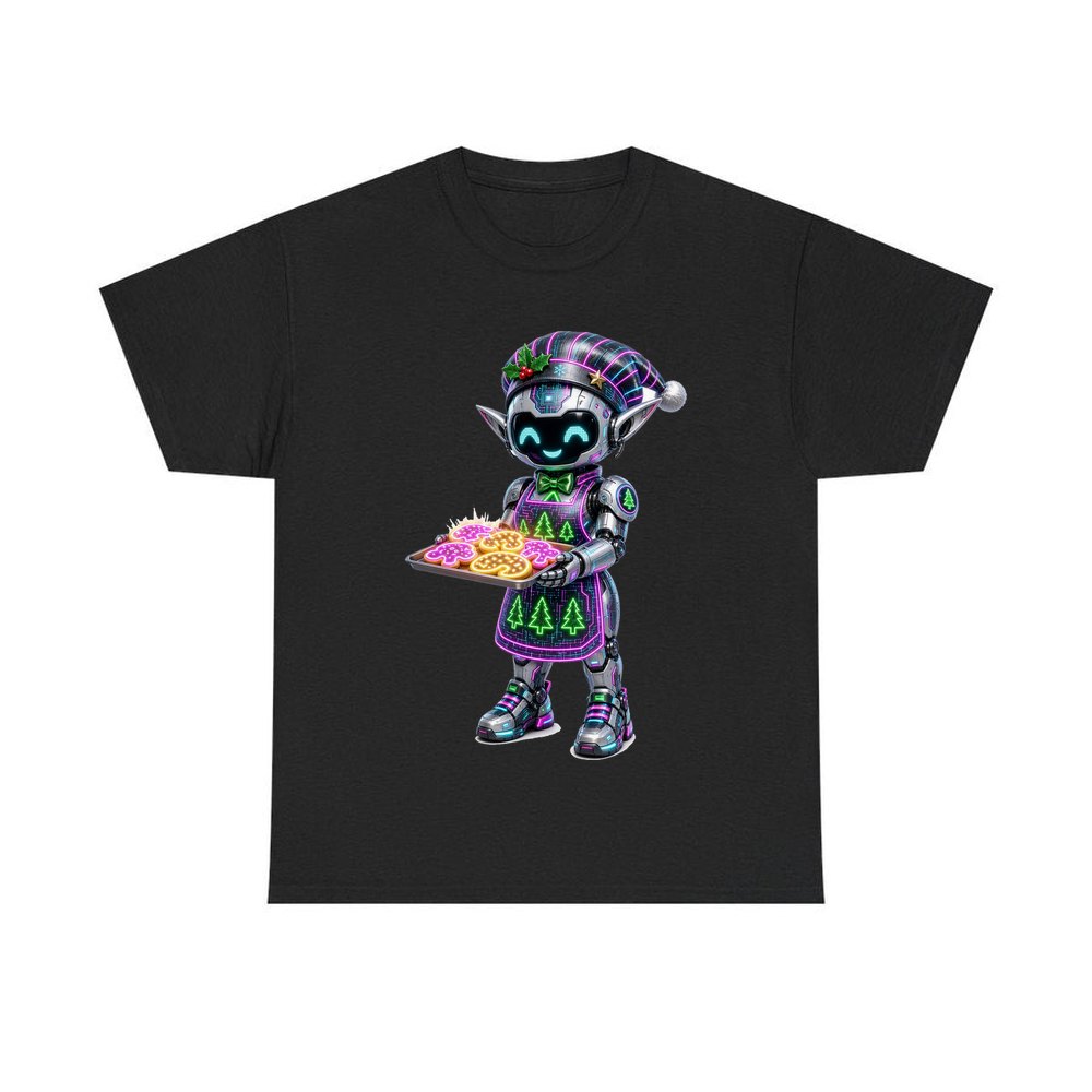 Robot Elf Baking personalised Christmas T-shirt in black