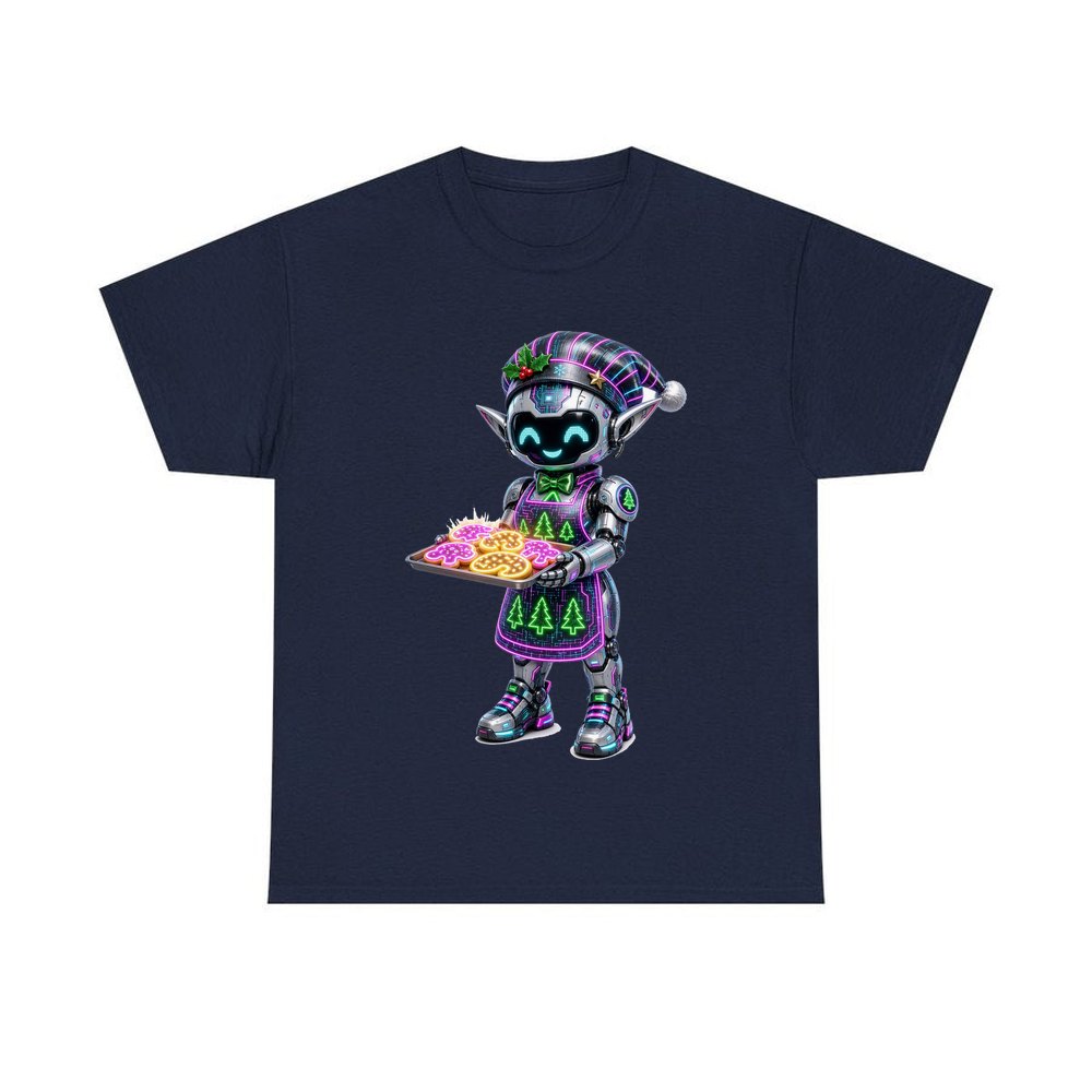 Robot Elf Baking personalised Christmas T-shirt in navy