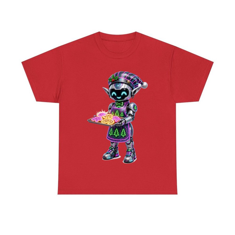 Robot Elf Baking personalised Christmas T-shirt in red