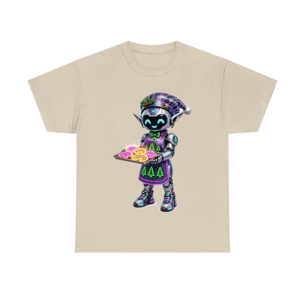 Robot Elf Baking personalised Christmas T-shirt in sand