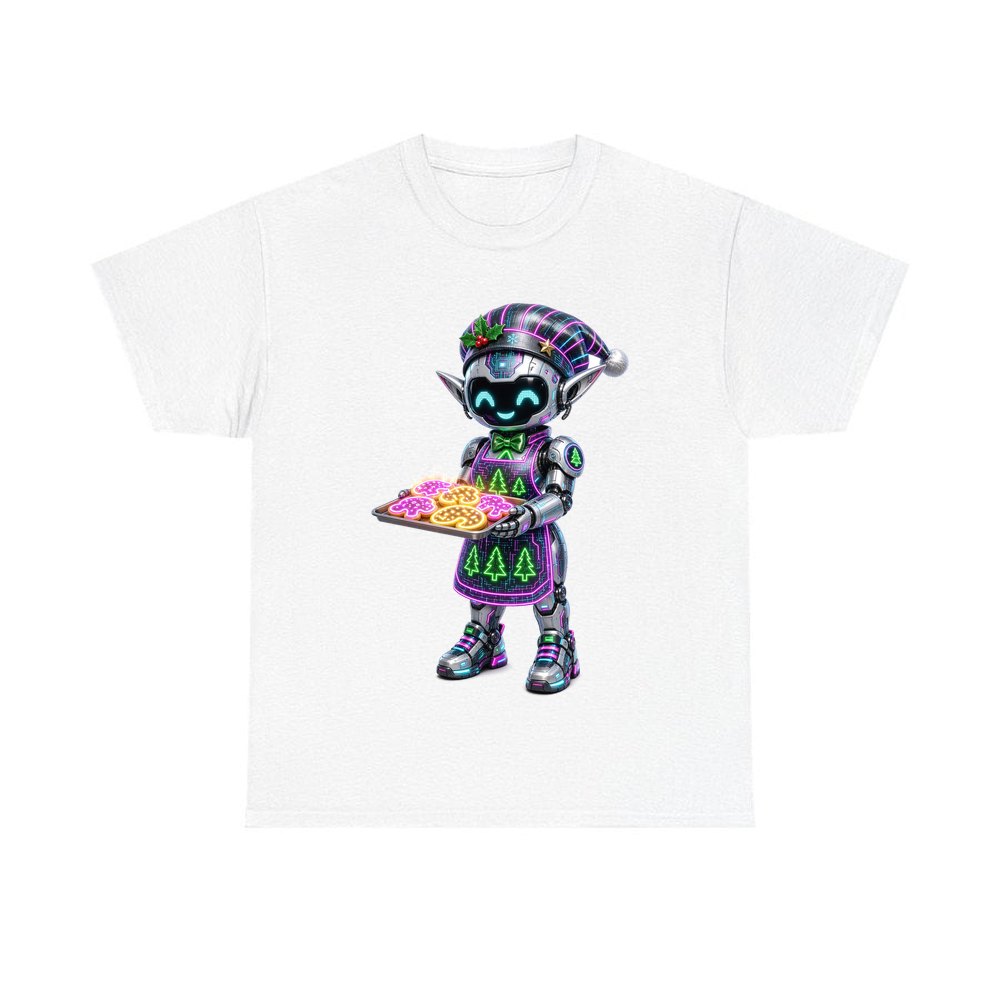 Robot Elf Baking personalised Christmas T-shirt in white