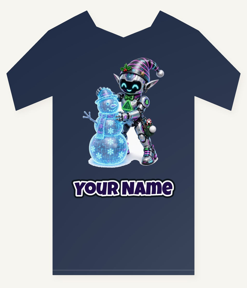 Robot Elf Builds a Snowman Personalised Kids and Baby Christmas Tee