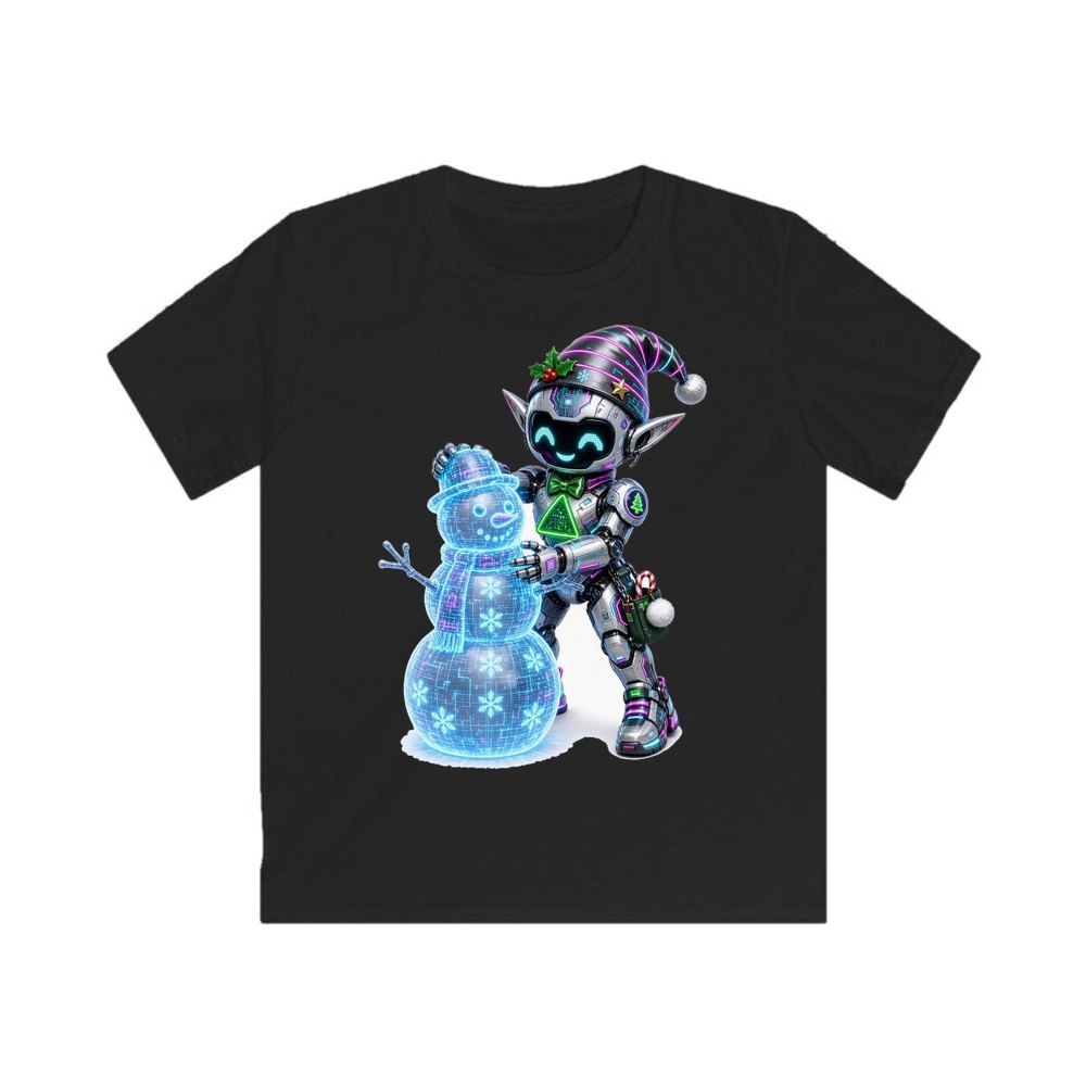 Robot Elf Builds a Snowman personalised kids Christmas tee in black