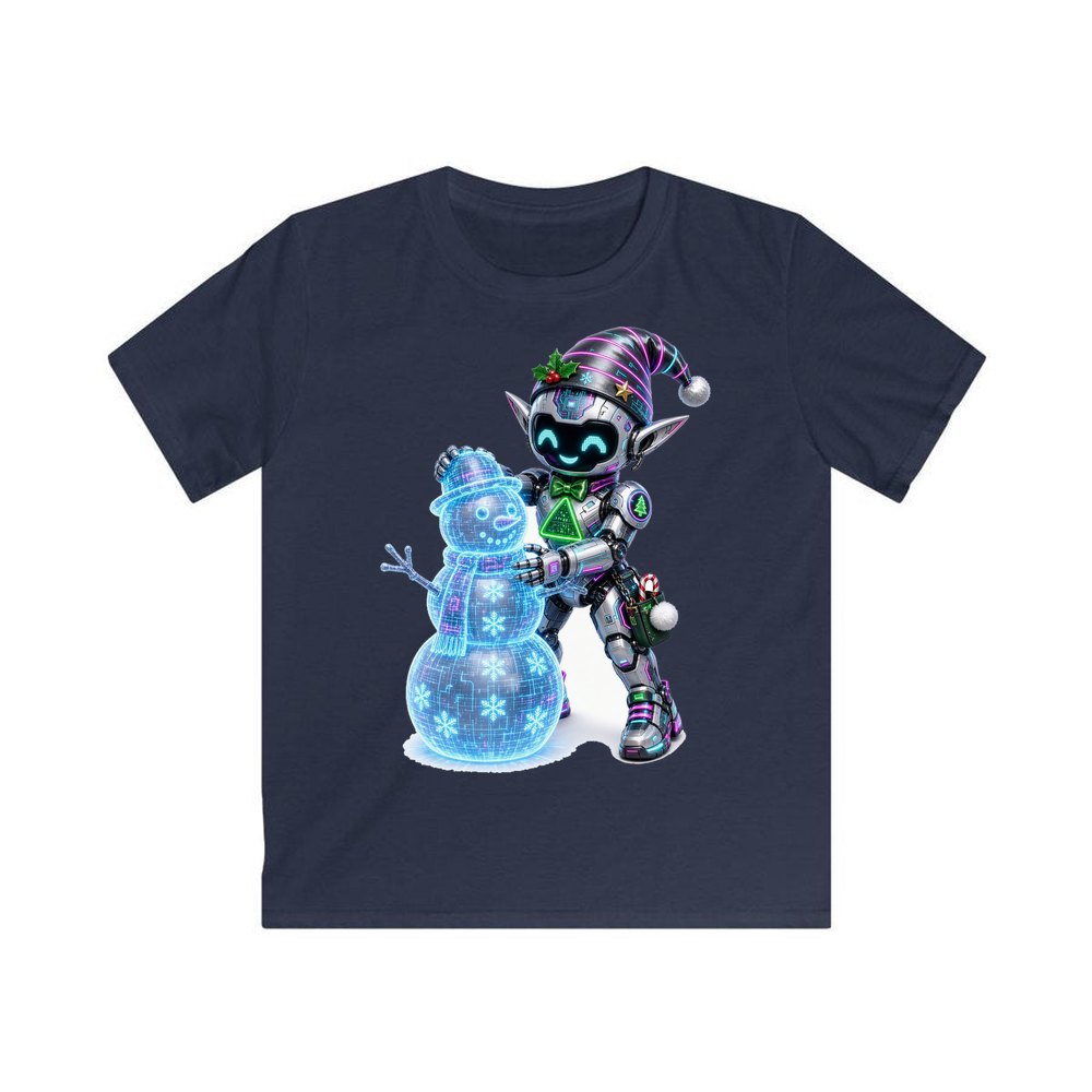 Robot Elf Builds a Snowman personalised kids Christmas tee in navy