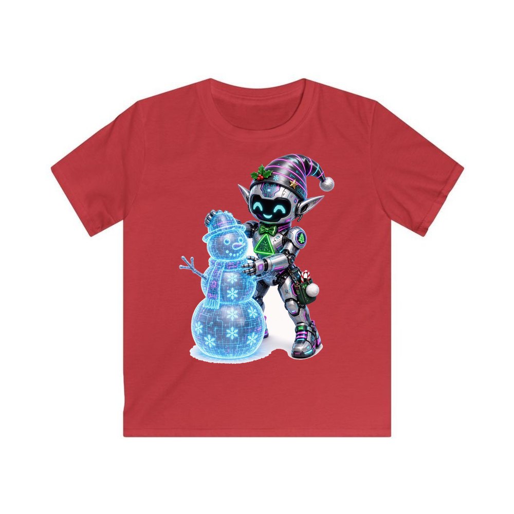 Robot Elf Builds a Snowman personalised kids Christmas tee in red
