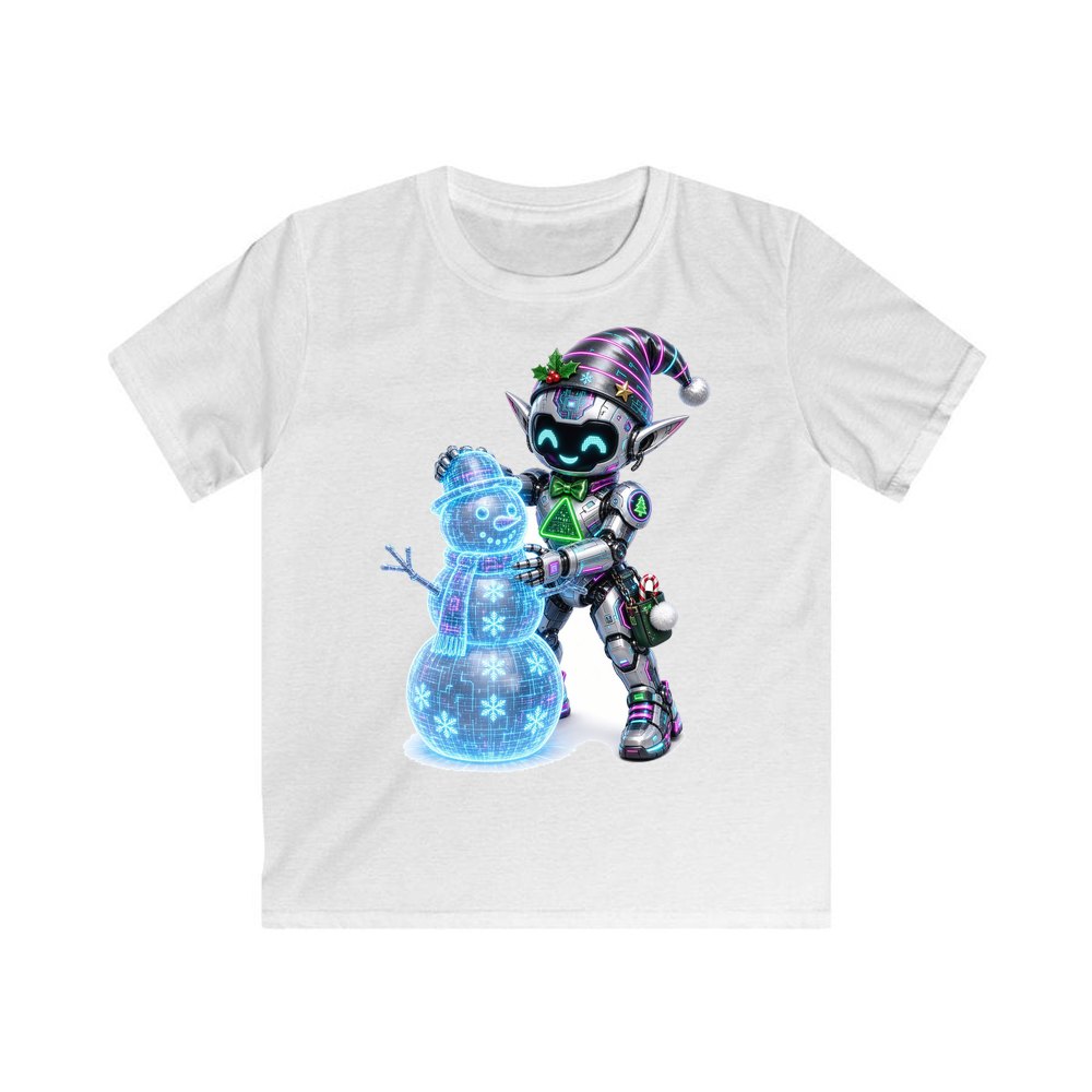 Robot Elf Builds a Snowman personalised kids Christmas tee in white