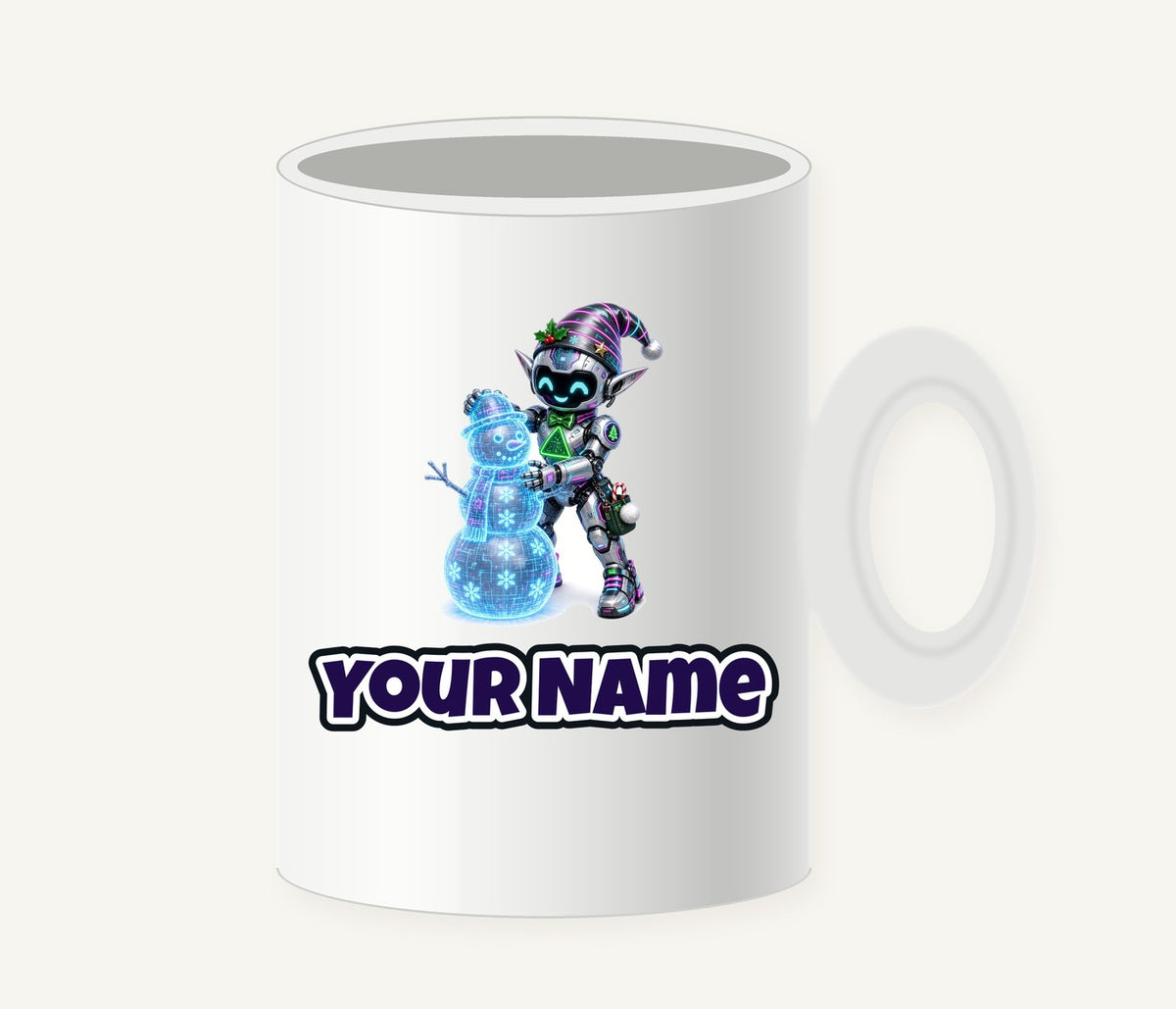 Robot Elf Builds a Snowman Personalised Christmas Mug