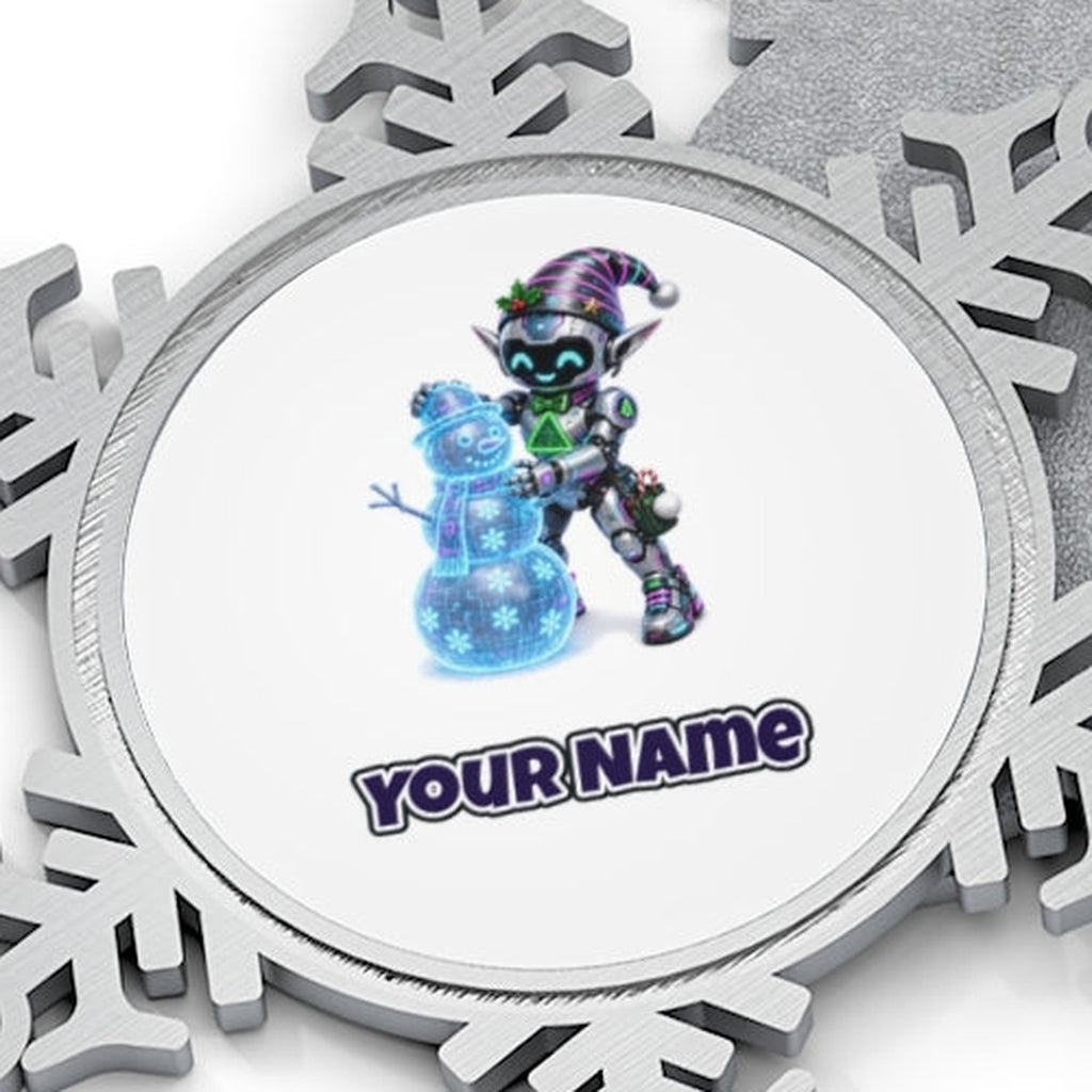 Robot Elf Builds a Snowman Personalised Pewter Christmas Ornament