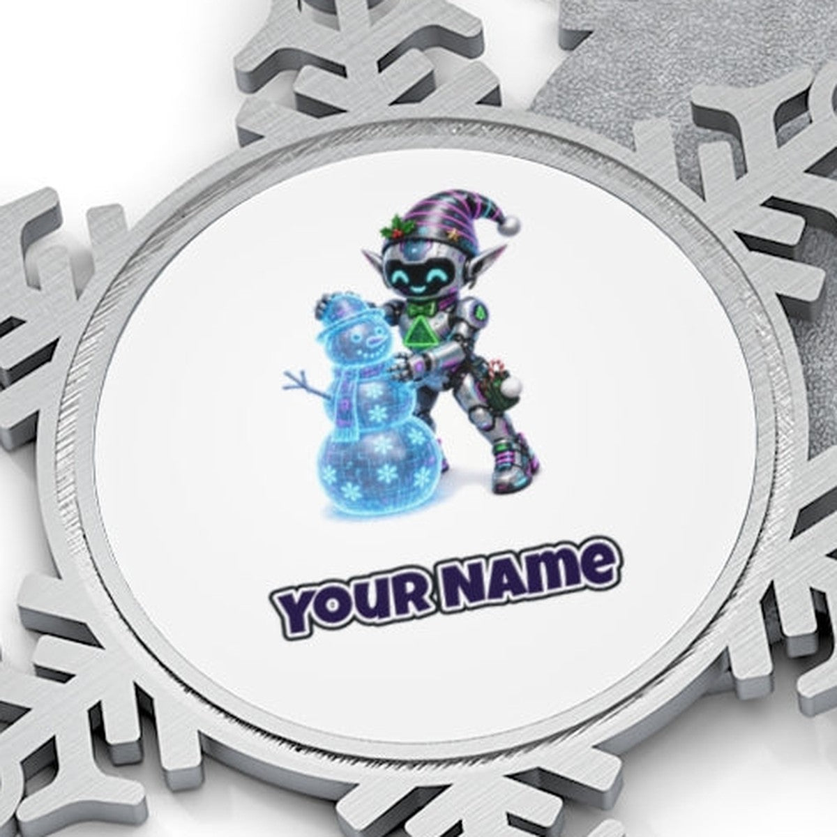 Robot Elf Builds a Snowman Personalised Pewter Christmas Ornament