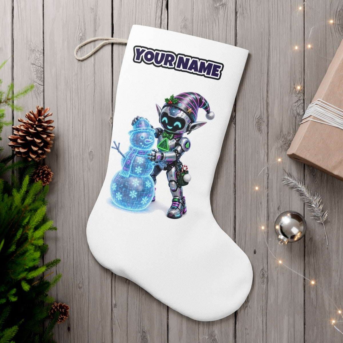 Robot Elf Builds a Snowman personalised Christmas stocking, white, with the name across the top
