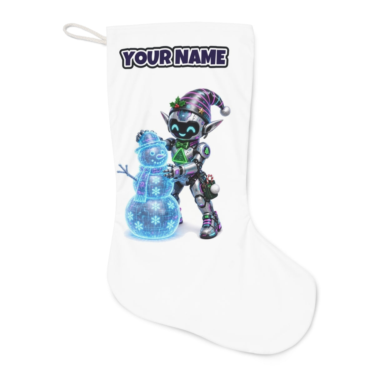 Robot Elf Builds a Snowman Christmas stocking laid flat, showing the full print
