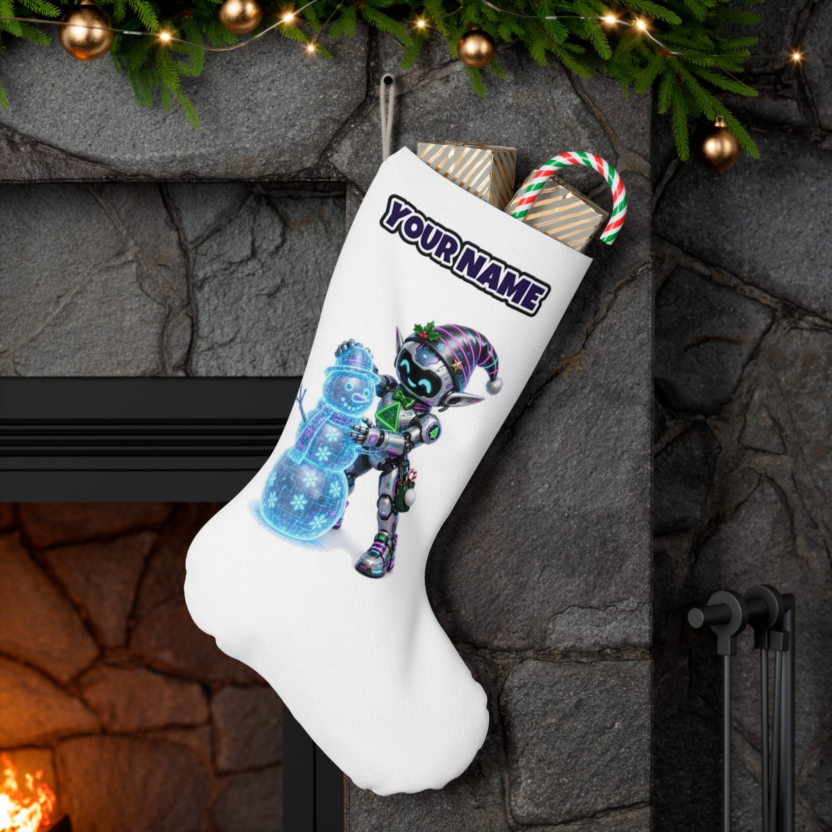 Robot Elf Builds a Snowman personalised Christmas stocking hanging on a mantel