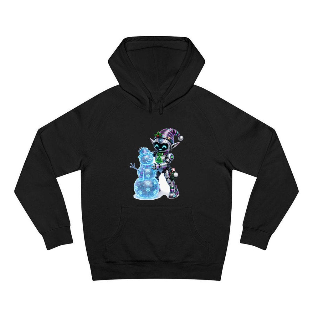 Robot Elf Builds a Snowman personalised Christmas hoodie in black
