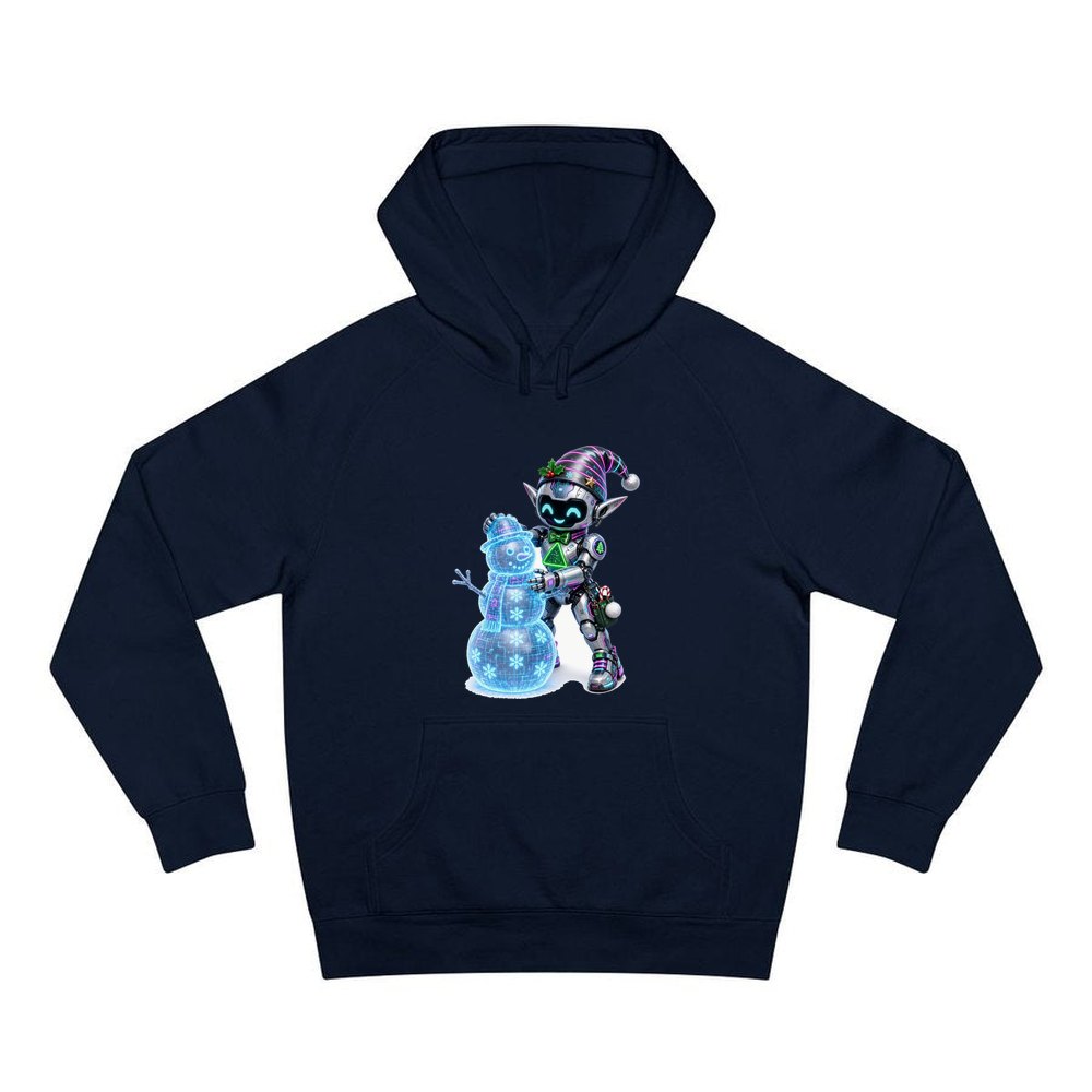 Robot Elf Builds a Snowman personalised Christmas hoodie in navy