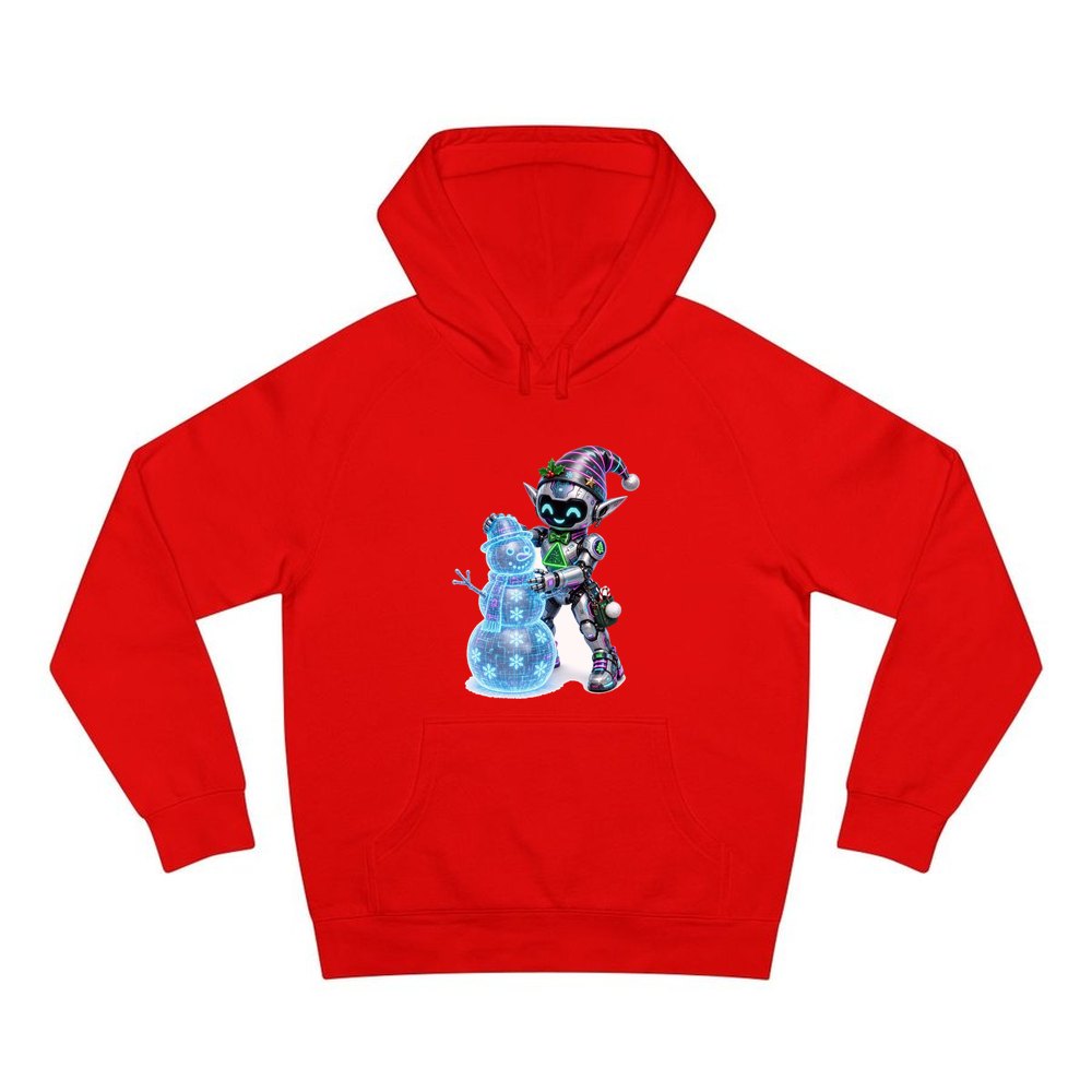Robot Elf Builds a Snowman personalised Christmas hoodie in red