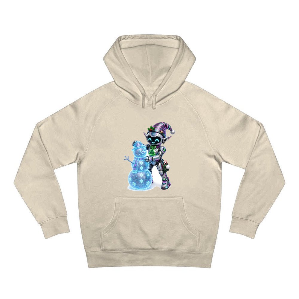 Robot Elf Builds a Snowman personalised Christmas hoodie in sand