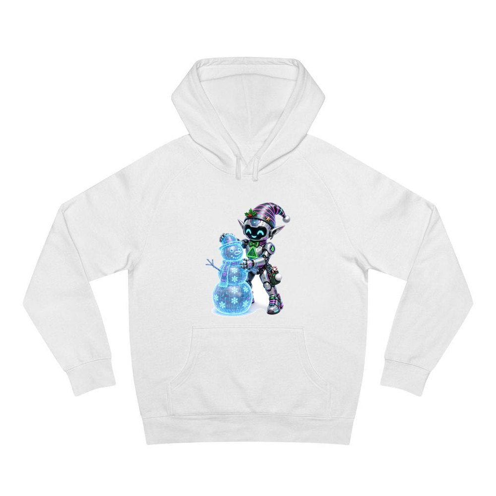 Robot Elf Builds a Snowman personalised Christmas hoodie in white