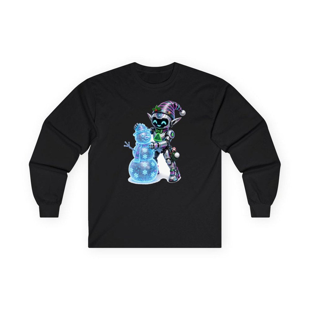 Robot Elf Builds a Snowman personalised long sleeve Christmas T-shirt in black