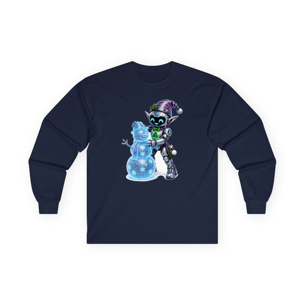 Robot Elf Builds a Snowman personalised long sleeve Christmas T-shirt in navy