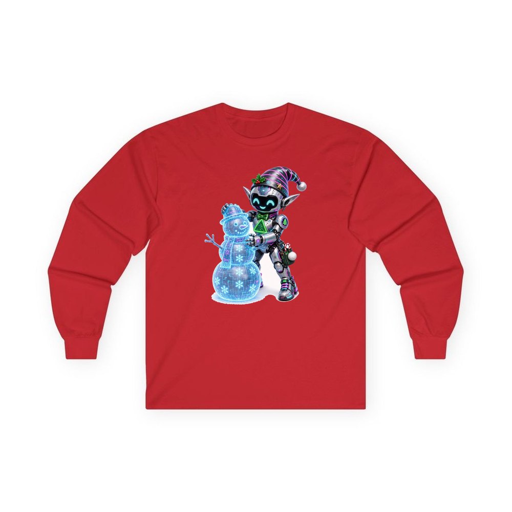 Robot Elf Builds a Snowman personalised long sleeve Christmas T-shirt in red