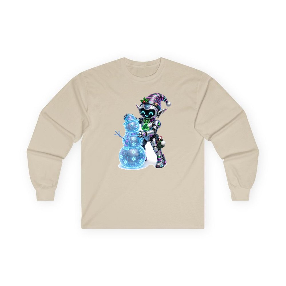 Robot Elf Builds a Snowman personalised long sleeve Christmas T-shirt in sand