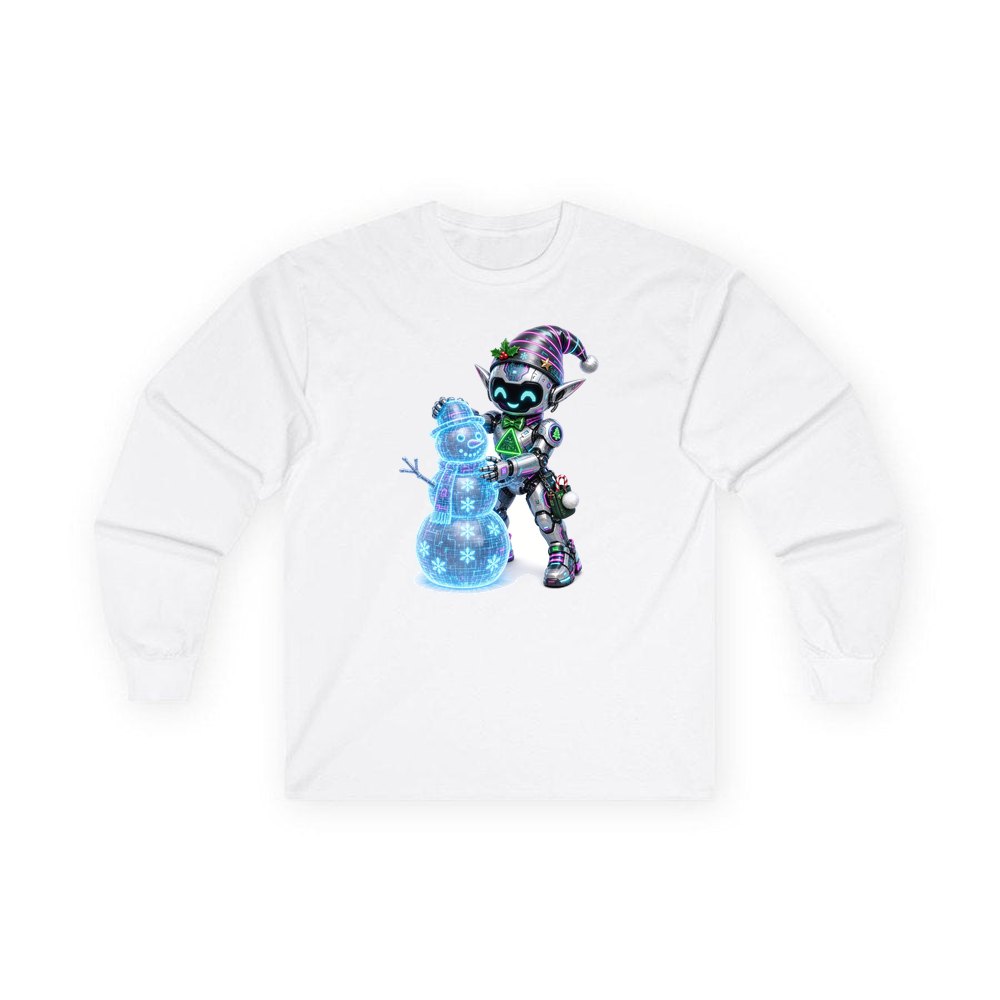 Robot Elf Builds a Snowman personalised long sleeve Christmas T-shirt in white