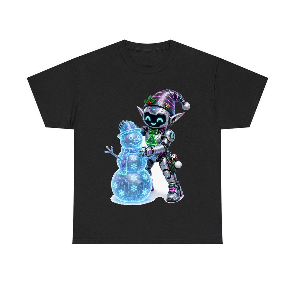 Robot Elf Builds a Snowman personalised Christmas T-shirt in black