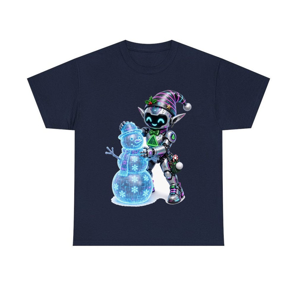 Robot Elf Builds a Snowman personalised Christmas T-shirt in navy