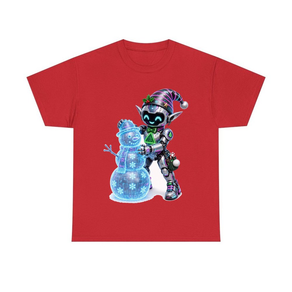 Robot Elf Builds a Snowman personalised Christmas T-shirt in red