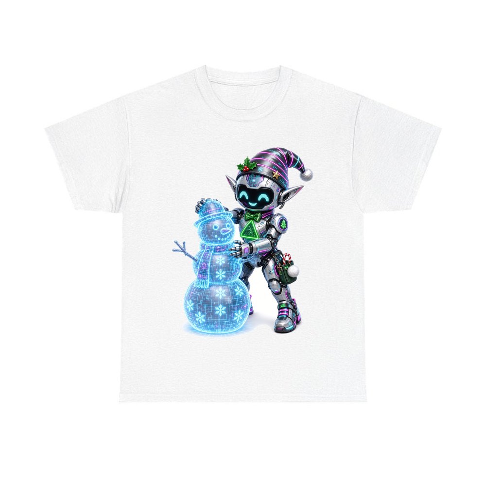 Robot Elf Builds a Snowman personalised Christmas T-shirt in white