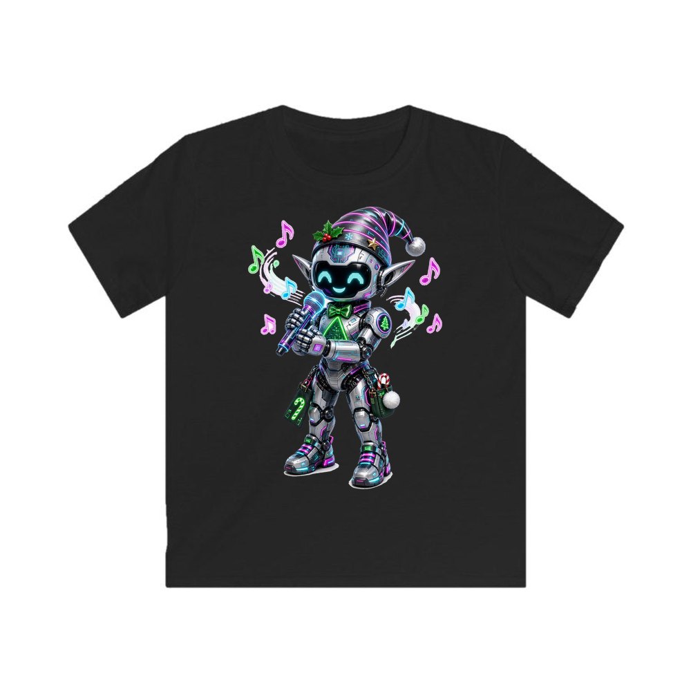 Robot Elf Carols personalised kids Christmas tee in black