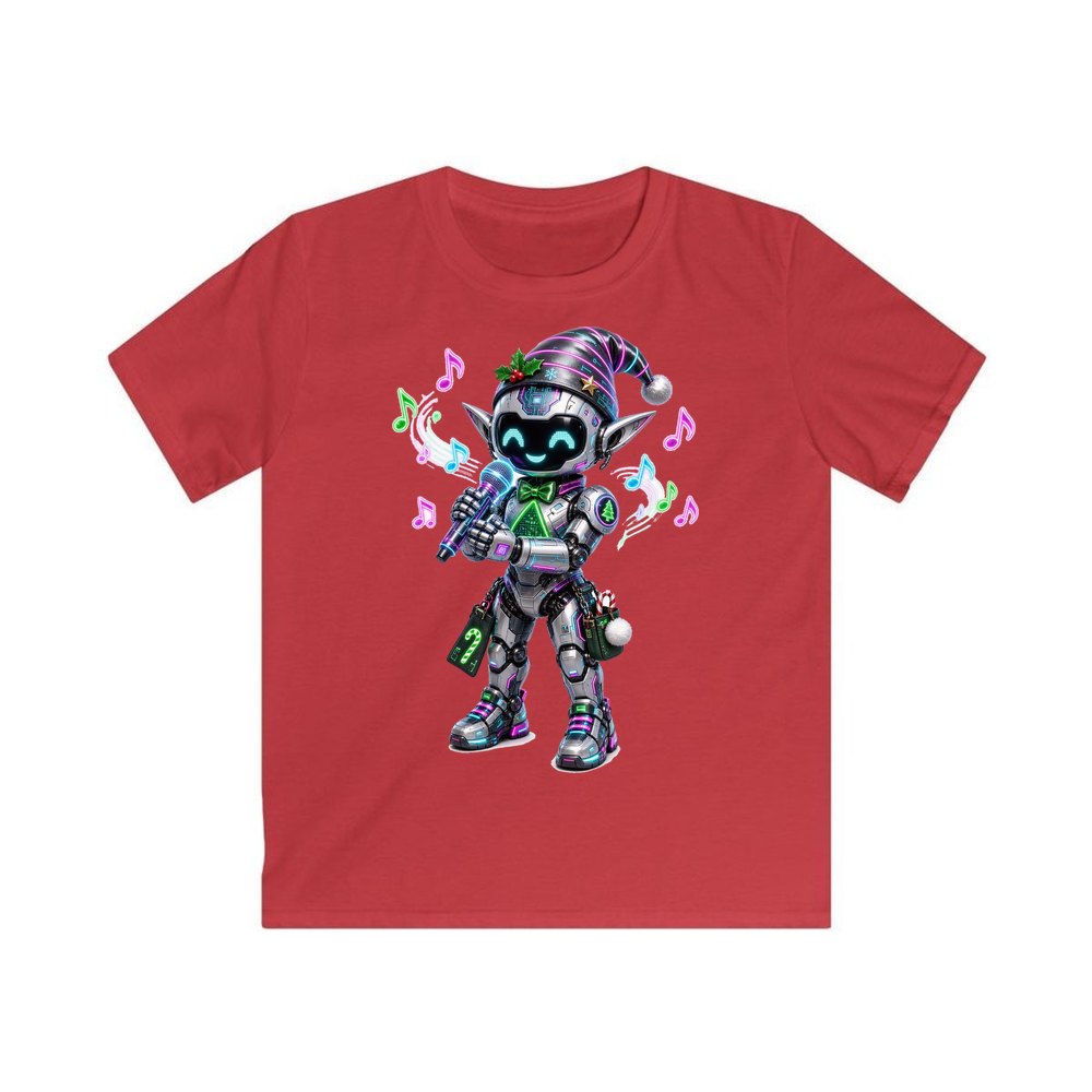 Robot Elf Carols personalised kids Christmas tee in red