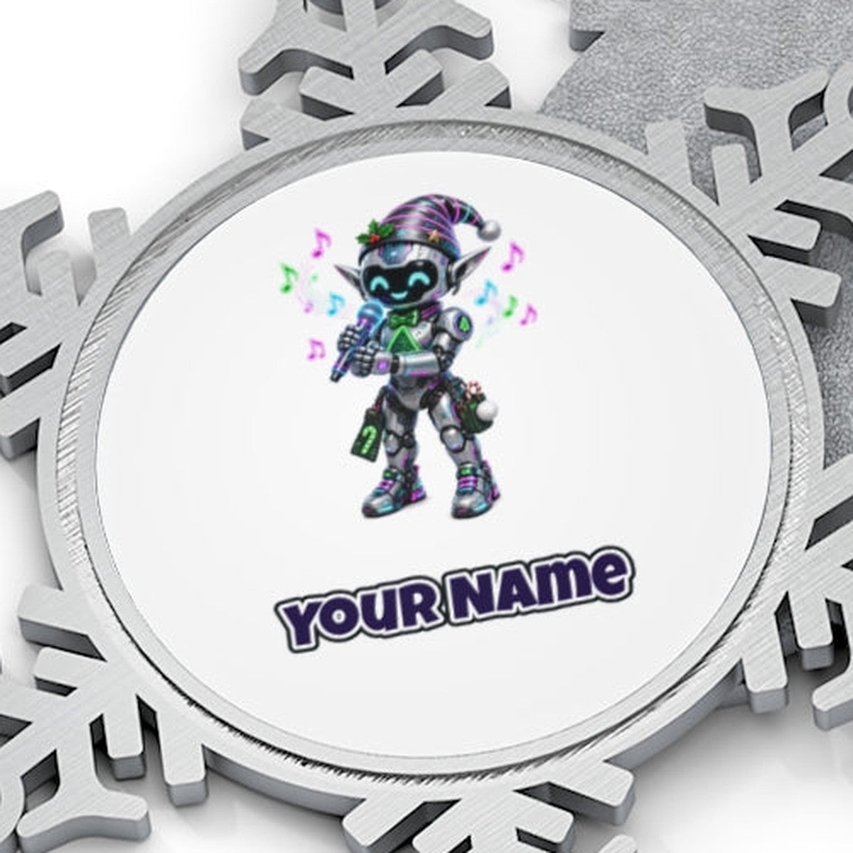Robot Elf Carols Personalised Pewter Christmas Ornament