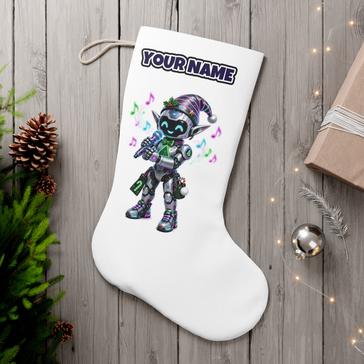 Robot Elf Carols personalised Christmas stocking, white, with the name across the top