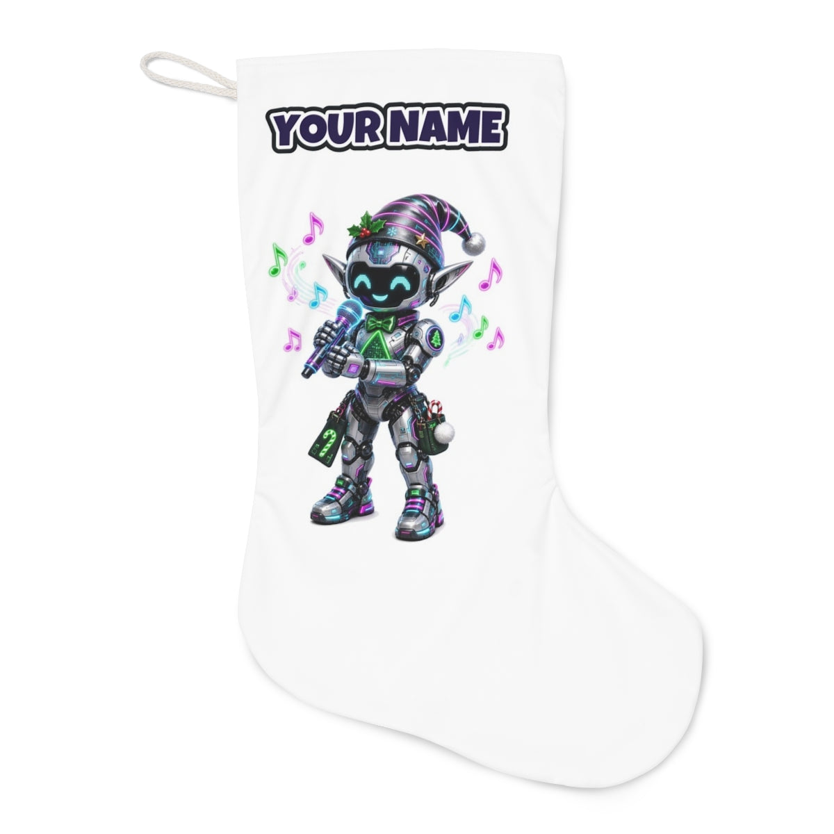 Robot Elf Carols Christmas stocking laid flat, showing the full print