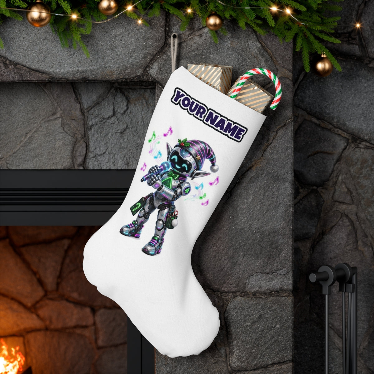 Robot Elf Carols personalised Christmas stocking hanging on a mantel