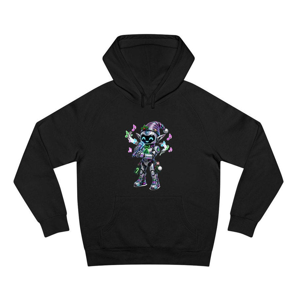 Robot Elf Carols personalised Christmas hoodie in black
