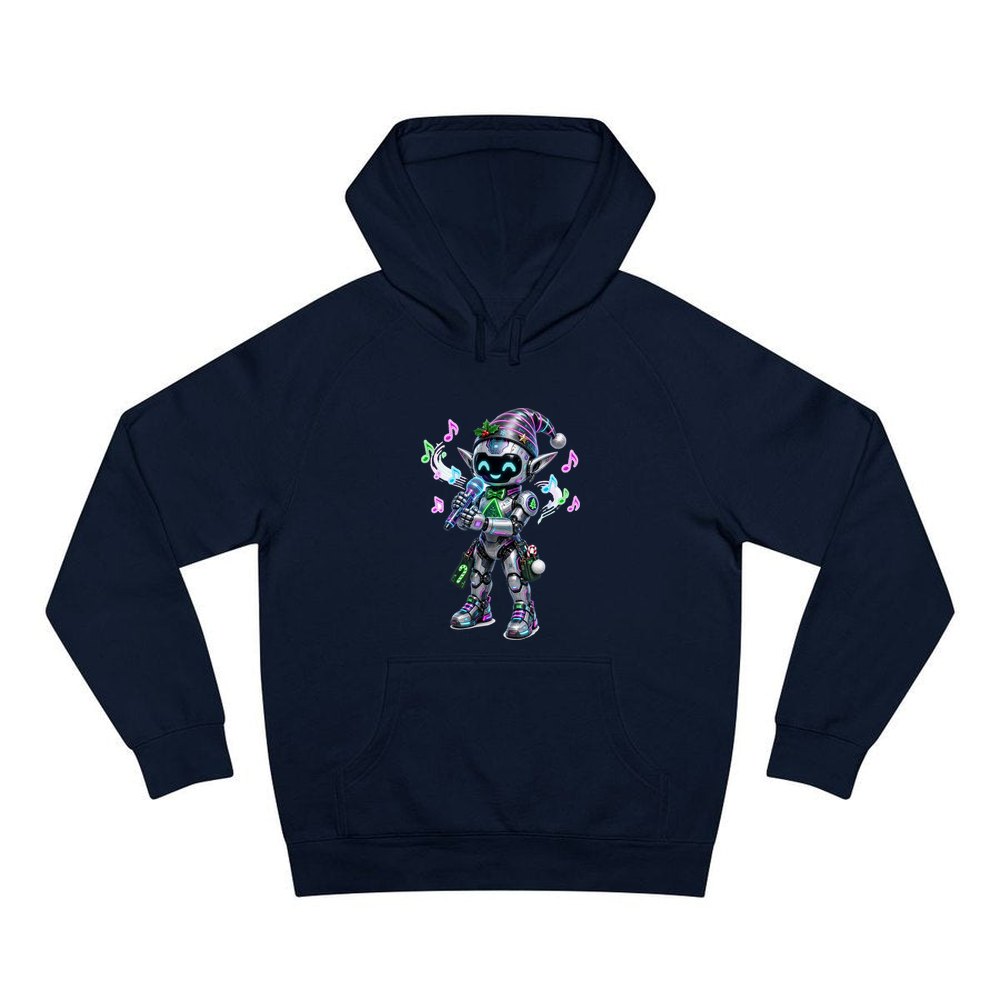 Robot Elf Carols personalised Christmas hoodie in navy