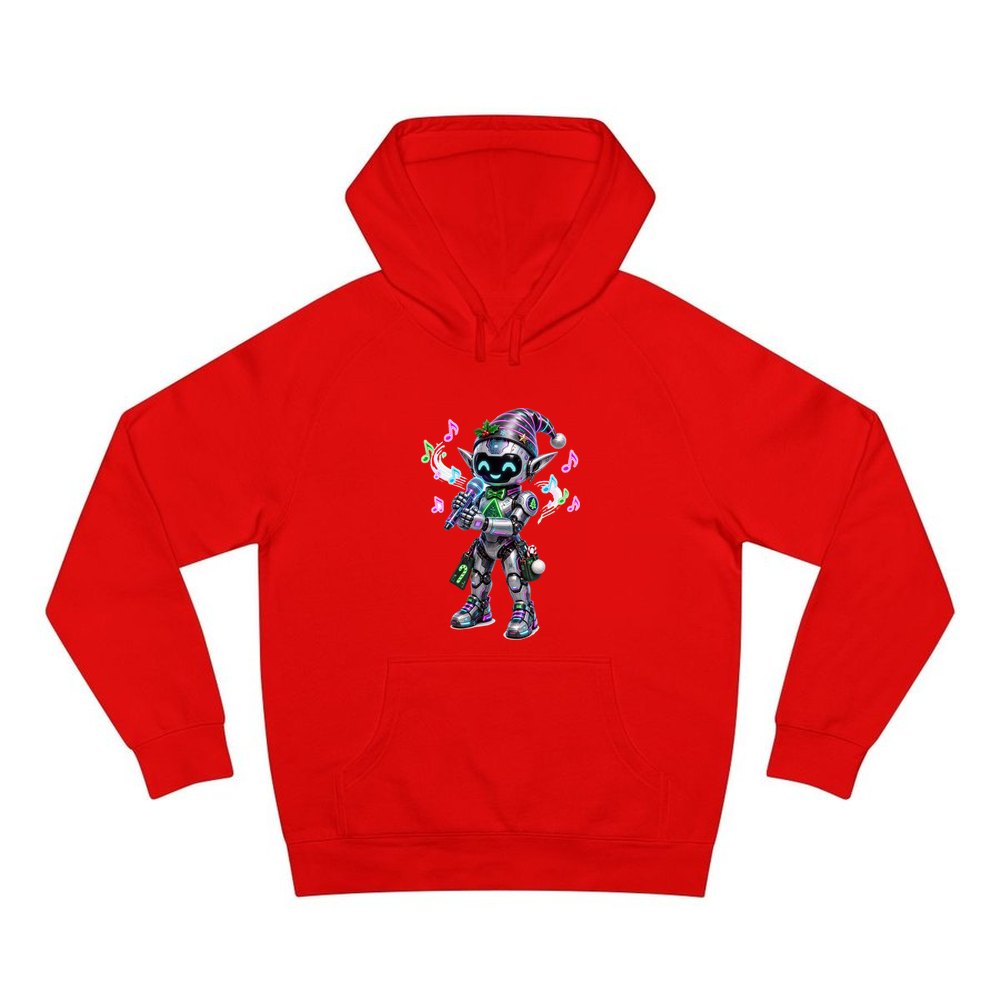 Robot Elf Carols personalised Christmas hoodie in red