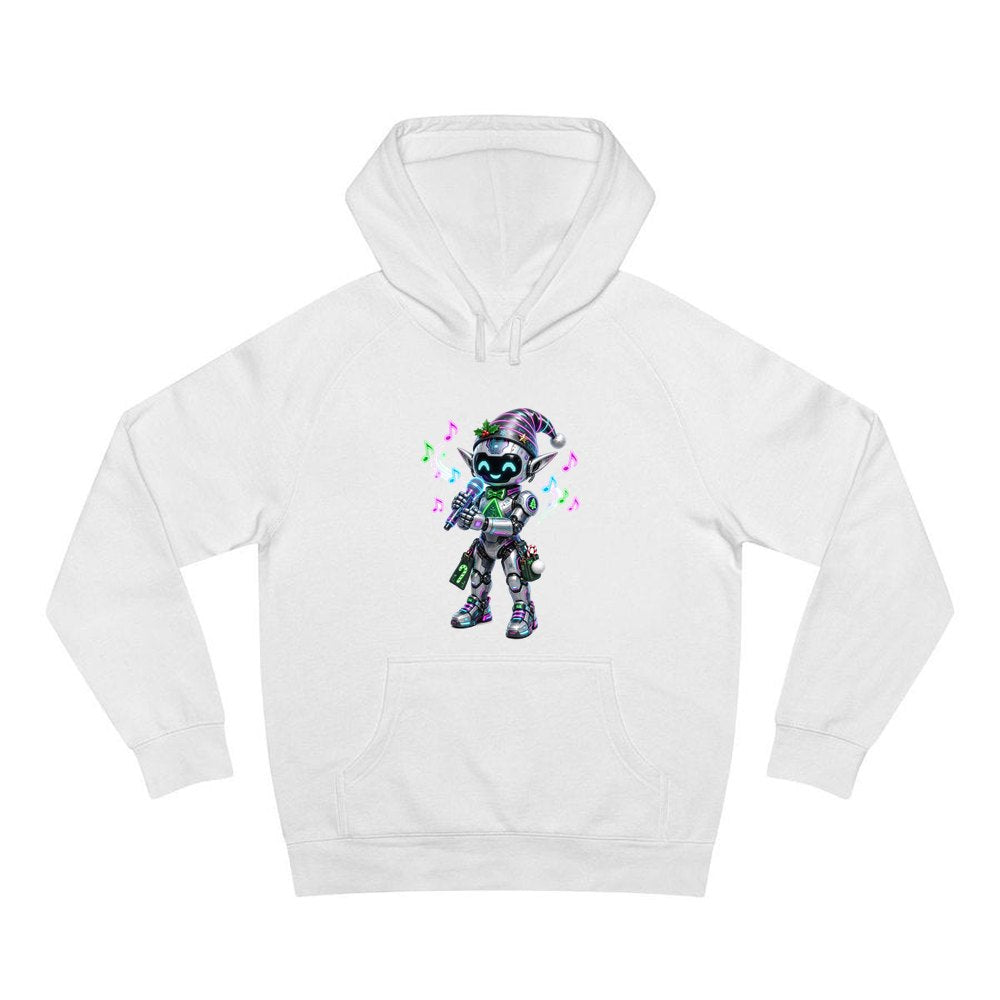 Robot Elf Carols personalised Christmas hoodie in white