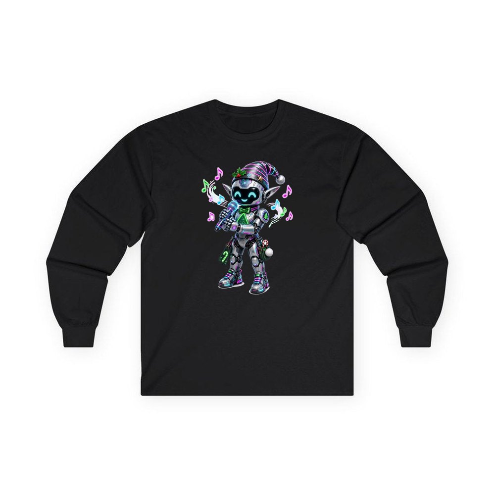 Robot Elf Carols personalised long sleeve Christmas T-shirt in black