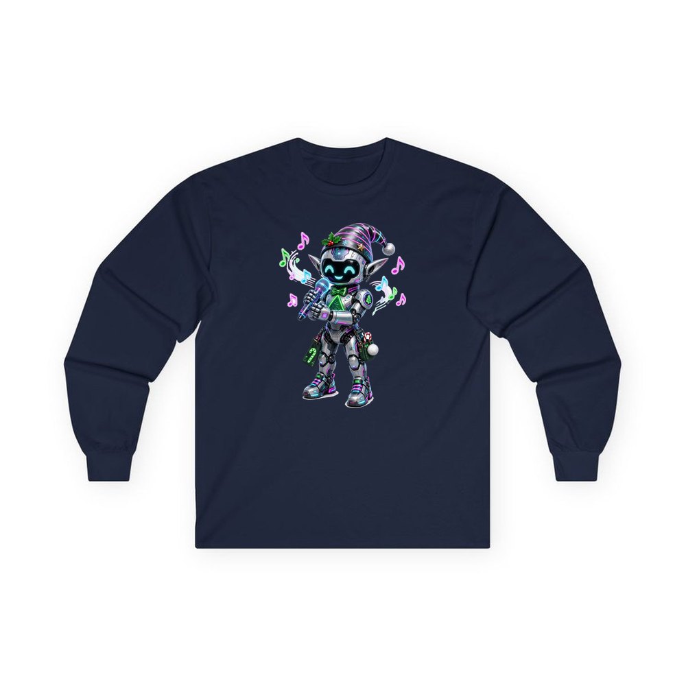 Robot Elf Carols personalised long sleeve Christmas T-shirt in navy