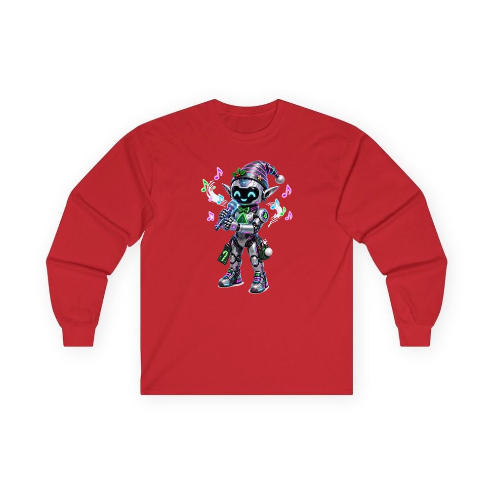 Robot Elf Carols personalised long sleeve Christmas T-shirt in red