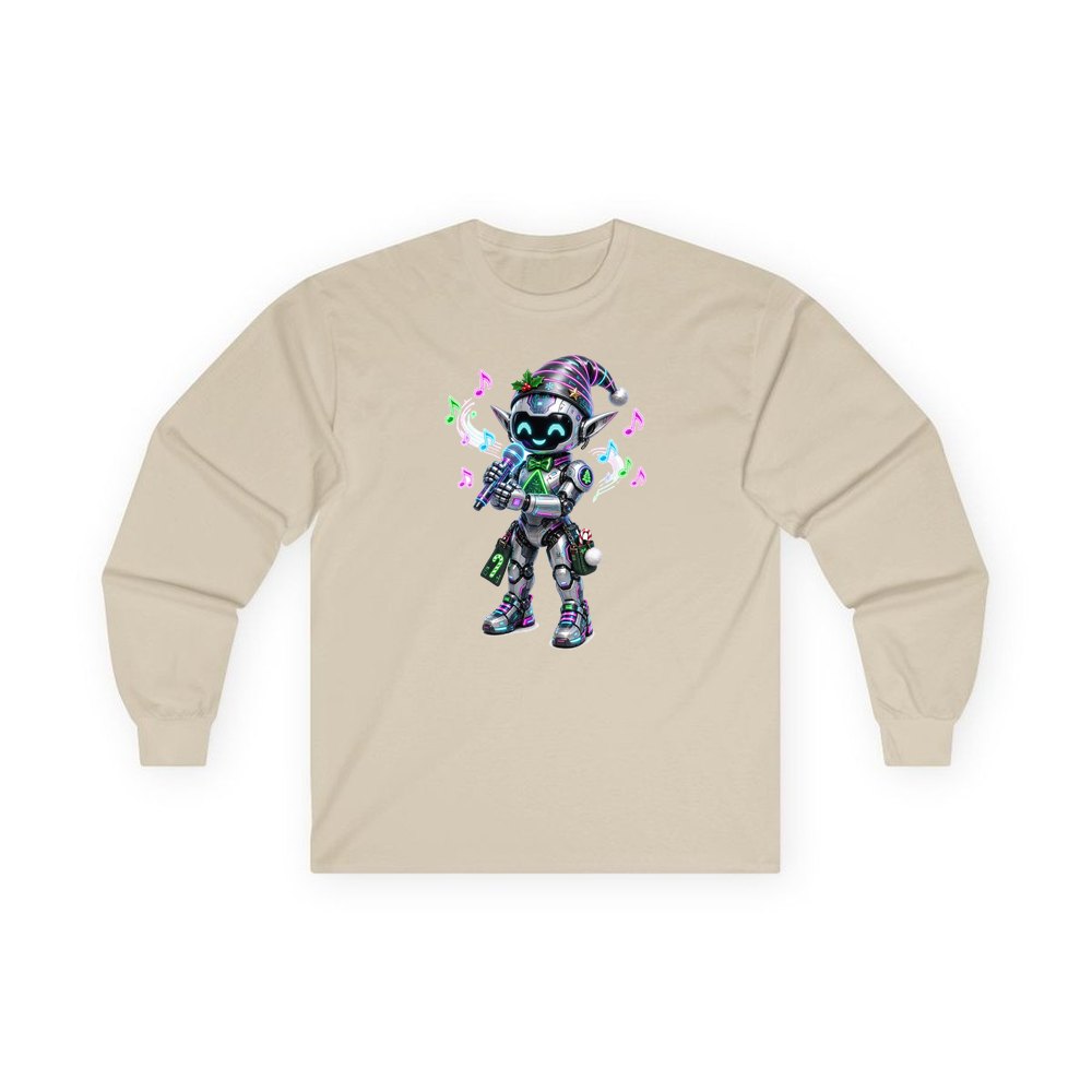 Robot Elf Carols personalised long sleeve Christmas T-shirt in sand