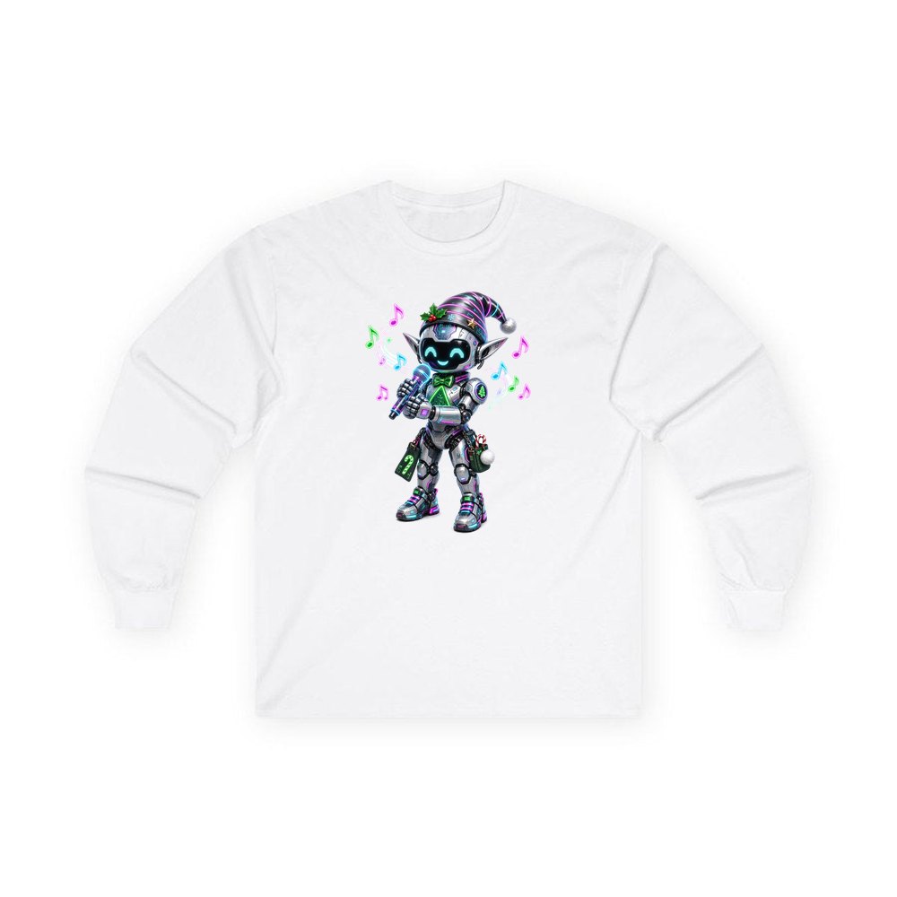 Robot Elf Carols personalised long sleeve Christmas T-shirt in white