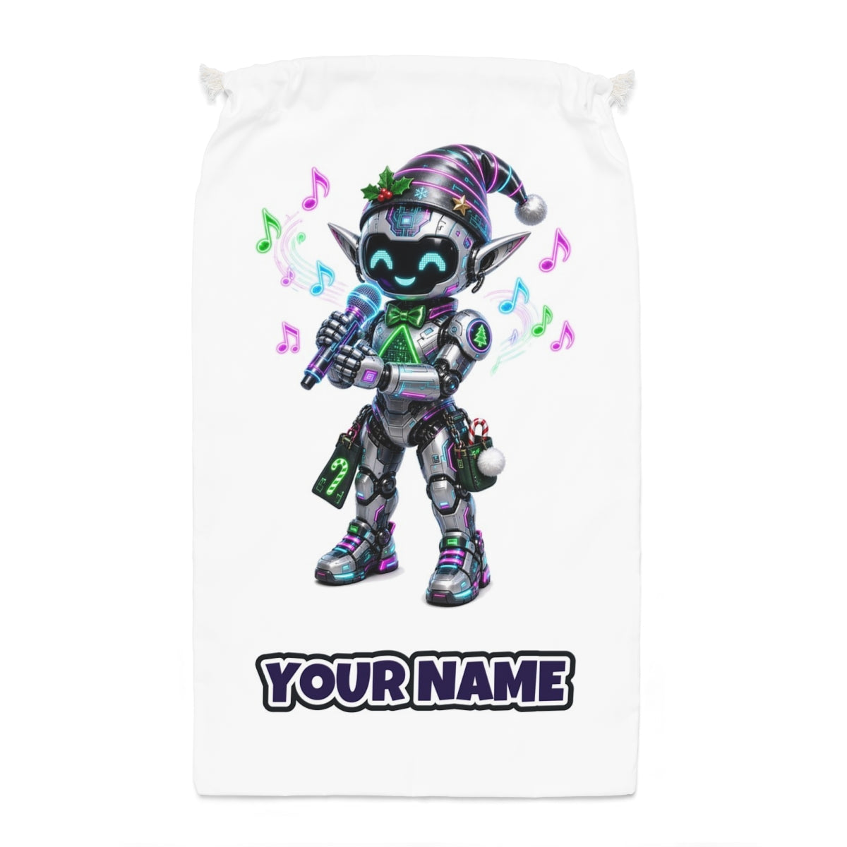 Robot Elf Carols Santa sack laid flat, showing the full print