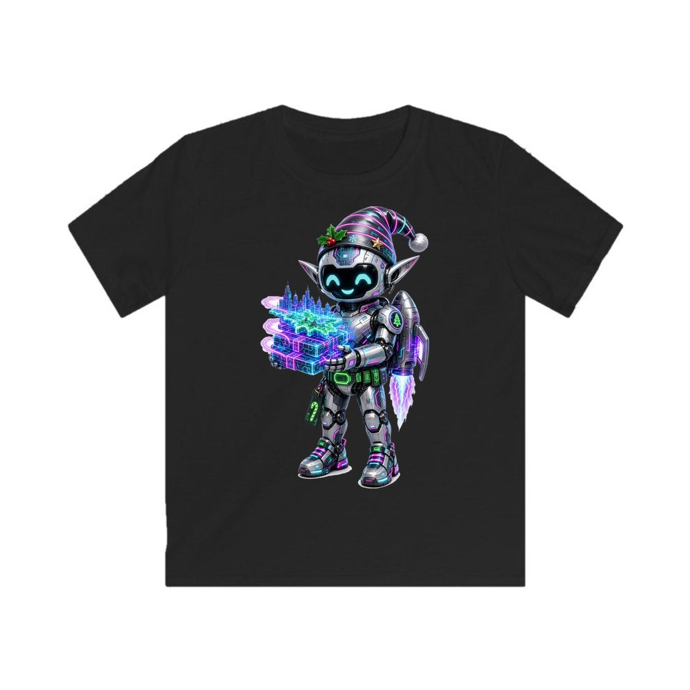 Robot Elf Delivery Run personalised kids Christmas tee in black