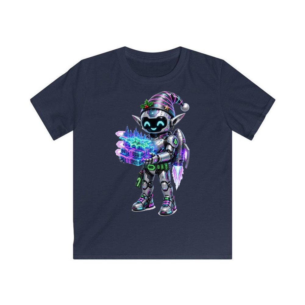 Robot Elf Delivery Run personalised kids Christmas tee in navy